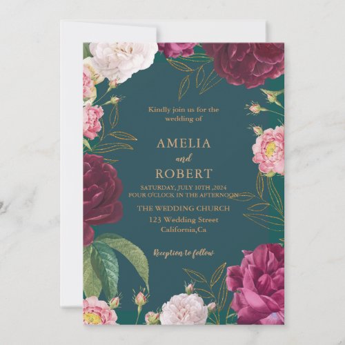 Gold  Emerald Green Floral Wedding Invitation