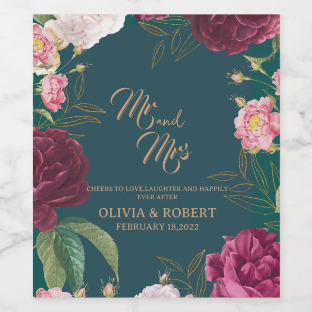 Gold & Emerald Green Floral Wedding  Wine Label (Single Label)