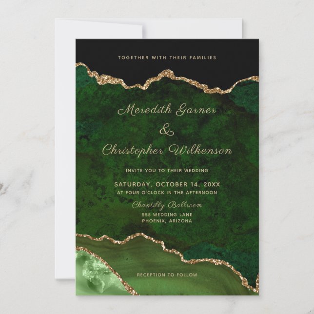 Gold Emerald Green Geode Agate Photo Wedding Invitation (Front)
