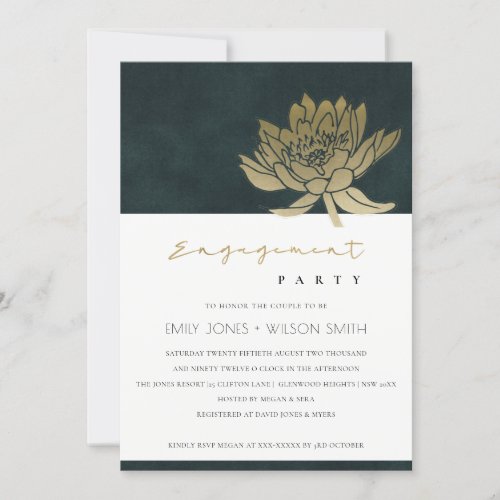 GOLD EMERALD GREEN LOTUS FLORAL ENGAGEMENT  INVITE
