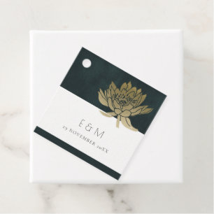 GOLD EMERALD GREEN LOTUS FLORAL MONOGRAM WEDDING FAVOR TAGS