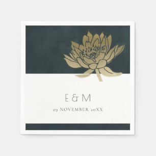 GOLD EMERALD GREEN LOTUS FLORAL MONOGRAM WEDDING NAPKINS