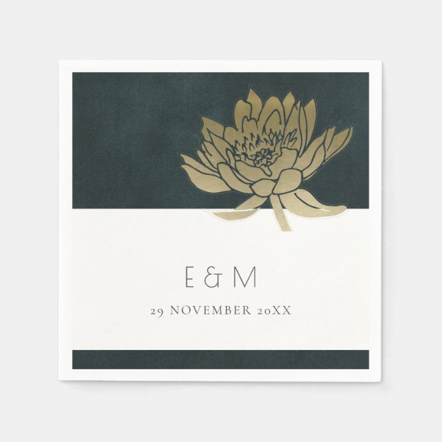 GOLD EMERALD GREEN LOTUS FLORAL MONOGRAM WEDDING NAPKINS (Front)