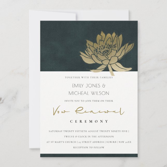 GOLD EMERALD GREEN LOTUS FLORAL VOW RENEWAL INVITE (Front)