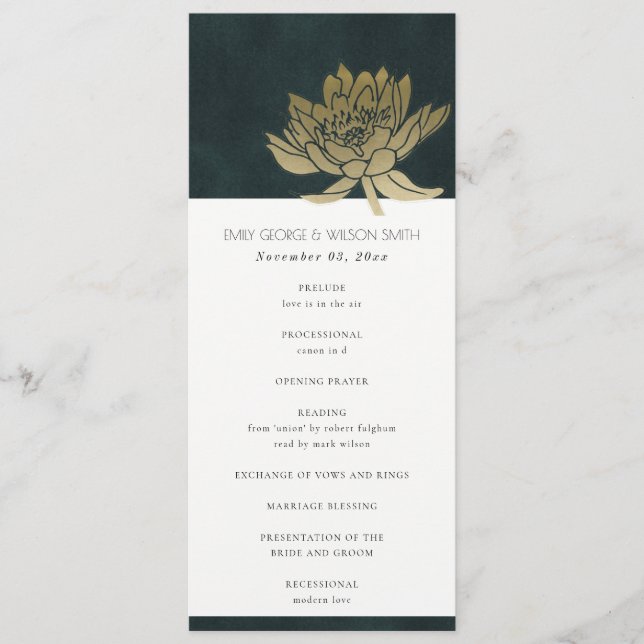 GOLD EMERALD GREEN LOTUS WEDDING CEREMONY PROGRAM (Front)