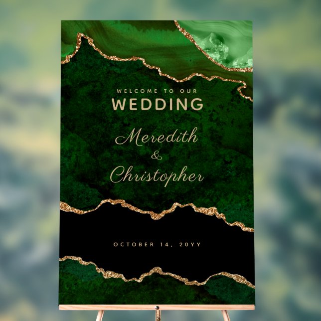 Gold Emerald Green Marble Agate Wedding Welcome Acrylic Sign (Neutral)