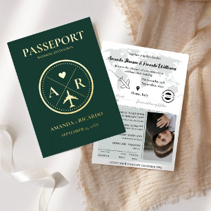 Gold & Emerald Green Passport Wedding Invitation