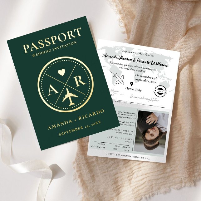 Gold & Emerald Green Passport  Wedding Invitation (Creator Uploaded)