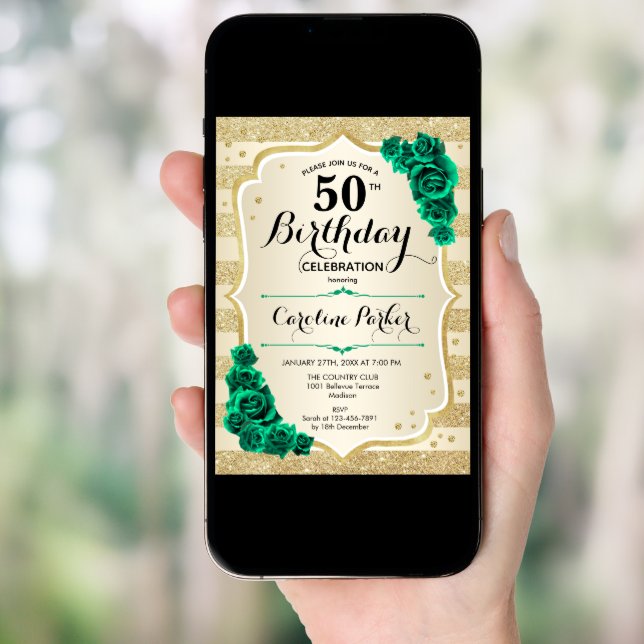 Gold Emerald Green Photo 50th Birthday Invitation (Front Digital)
