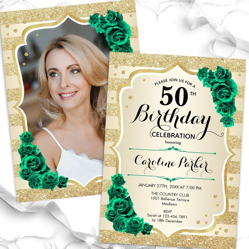 Gold Emerald Green Photo 50th Birthday Invitation