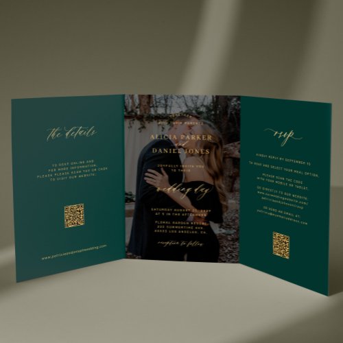 Gold emerald green photo wedding RSVP details QR Tri-Fold Invitation