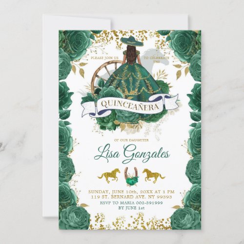 Gold Emerald Green Roses Western Quinceaera Invitation