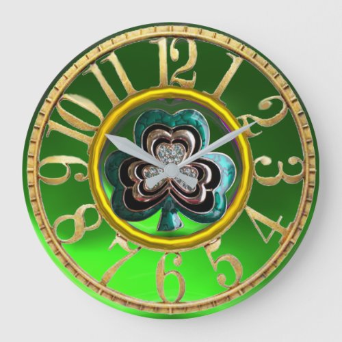 Gold Emerald Green Shamrock Jewel St Patricks Day Large Clock