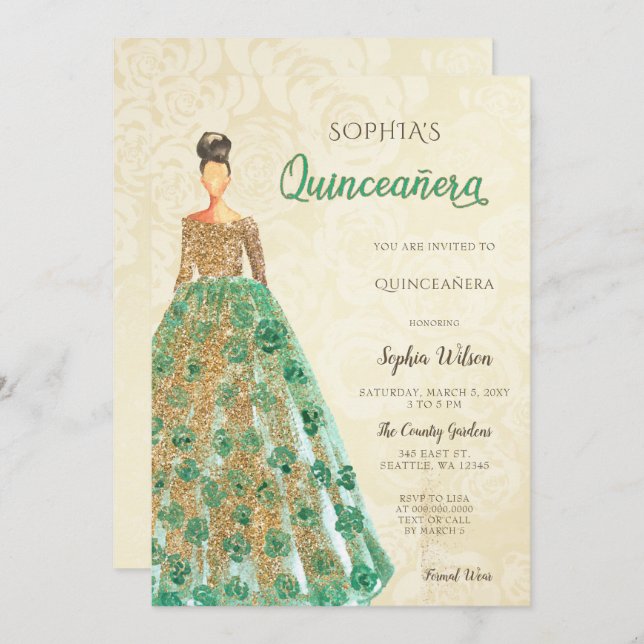 Gold Emerald Green Sparkle Dress Quinceanera Invitation (Front/Back)