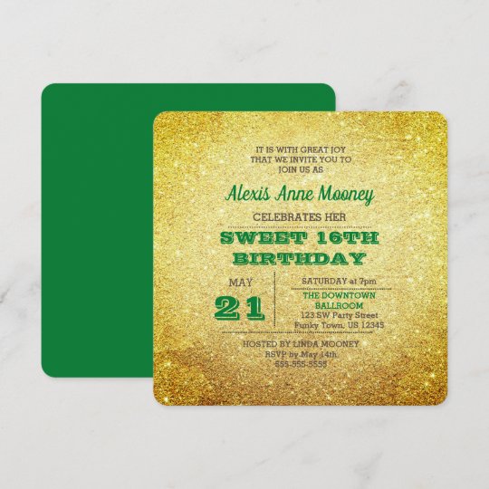 Gold & Emerald Green Sparkly Sweet 16 Invitation