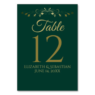 Gold Emerald Green Vintage Border Elegant Wedding Table Number