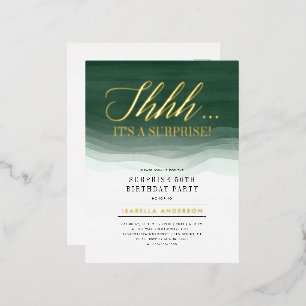 Gold & Emerald Green Watercolor Surprise Birthday Foil Invitation Postcard