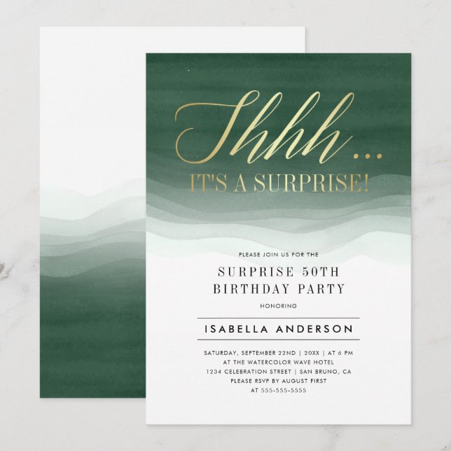 Gold & Emerald Green Watercolor Surprise Birthday Invitation (Front/Back)