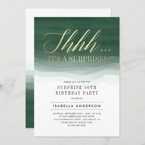 Gold  Emerald Green Watercolor Surprise Birthday Invitation