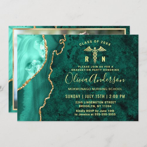 Gold Emerald RN Nursing School Graduation Party In Invitation - Modern Gold Emerald RN Nursing School Graduation Party Invitation. 
 For further customization, please click the "customize further" link and use our design tool to modify this template. 
 If you prefer Thicker papers / Matte Finish, you may consider to choose the Matte Paper Type.