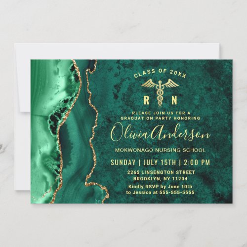 Gold Emerald RN Nursing School Graduation Party Invitation - Modern Gold Emerald RN Nursing School Graduation Party Invitation. 
 For further customization, please click the "customize further" link and use our design tool to modify this template. 
 If you prefer Thicker papers / Matte Finish, you may consider to choose the Matte Paper Type.