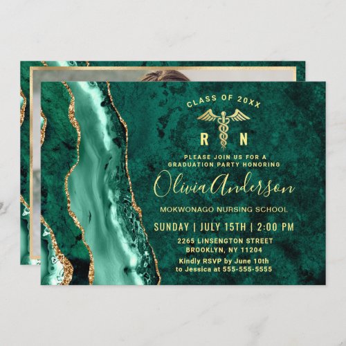 Gold Emerald RN Nursing School Graduation Party Invitation - Modern Gold Emerald RN Nursing School Graduation Party Invitation. 
 For further customization, please click the "customize further" link and use our design tool to modify this template. 
 If you prefer Thicker papers / Matte Finish, you may consider to choose the Matte Paper Type.