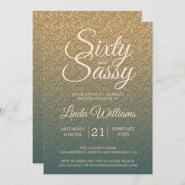 Gold Emerald Sassy 60th Birthday Invitation (Front/Back)