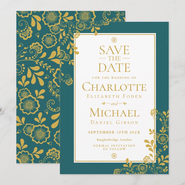 Gold Emerald Victorian Floral Lace Save the Date Invitation (Front/Back)