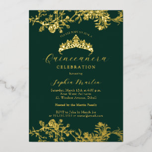Gold Emerald Vintage Elegant Quinceanera Foil Invitation