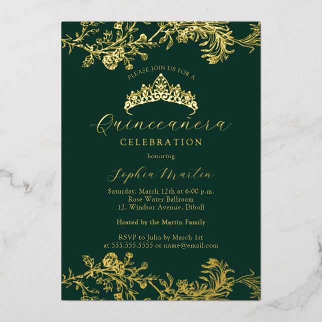 Gold Emerald Vintage Elegant Quinceanera  Foil Invitation (Front)