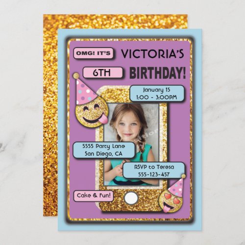 Gold Emoji Birthday Party Cell Phone Photo text Invitation