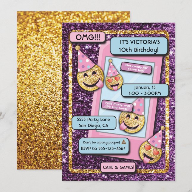 Gold Emoji Birthday Party Cell Phone text Invitation (Front/Back)