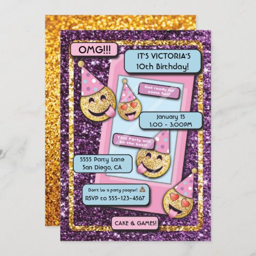 Gold Emoji Birthday Party Cell Phone text Invitation