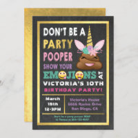 Gold Emoji Party Pooper Unicorn Birthay Invitation