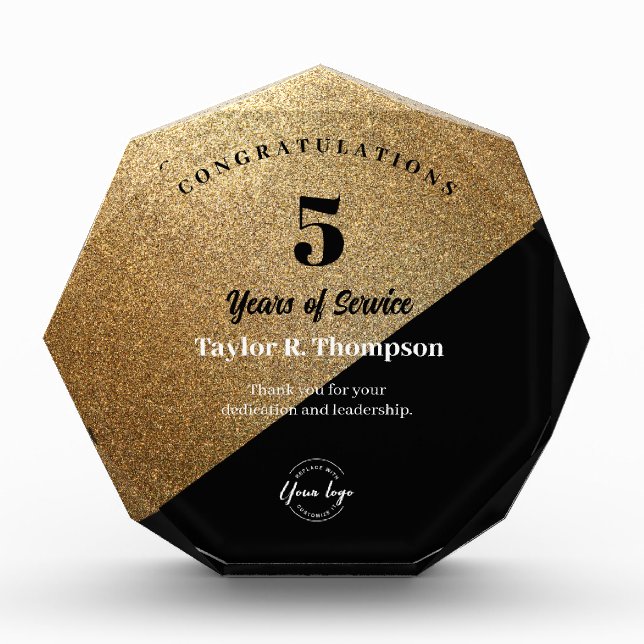 Gold Employee 5 years of service recognition logo Acrylic Award (Front)
