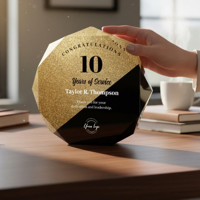 Gold Employee years of service recognition logo Acrylic Award (Customizable gold black 10 year of service award.)