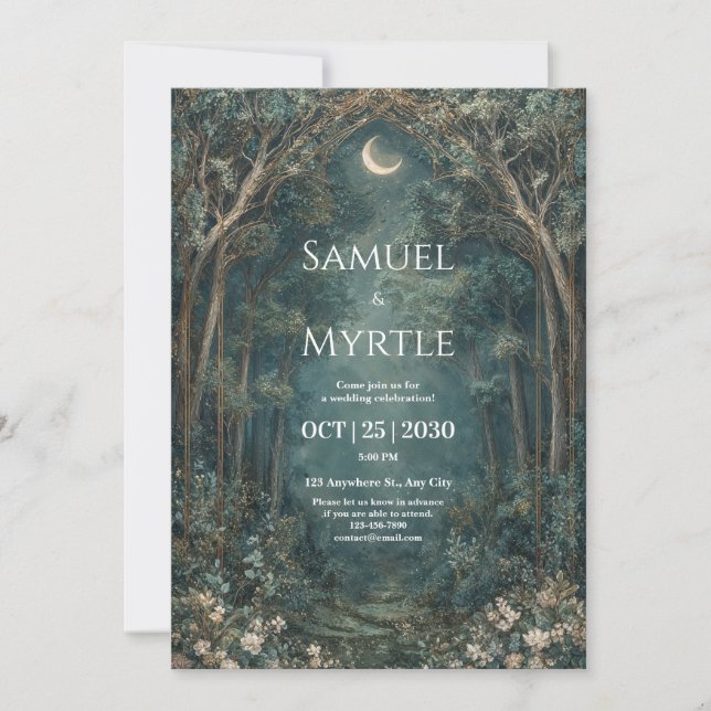 Gold Enchanted Forest Teal Crescent Moon Wedding Invitation (Front)