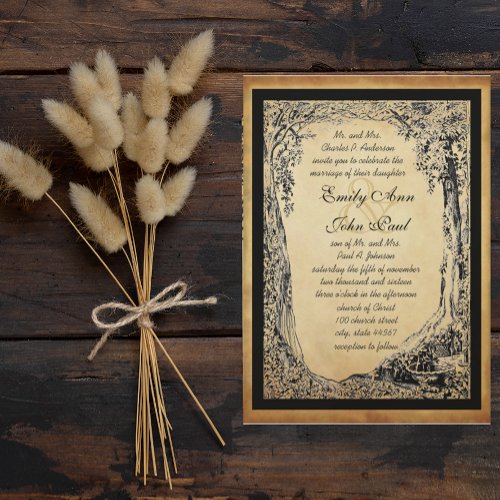 Gold Enchanted Forest Tree Arch on gold Metallic Invitation