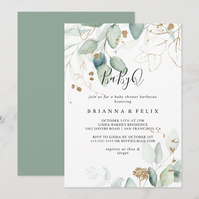 Gold Eucalyptus BabyQ Baby Shower Barbecue  Invitation (Front/Back)