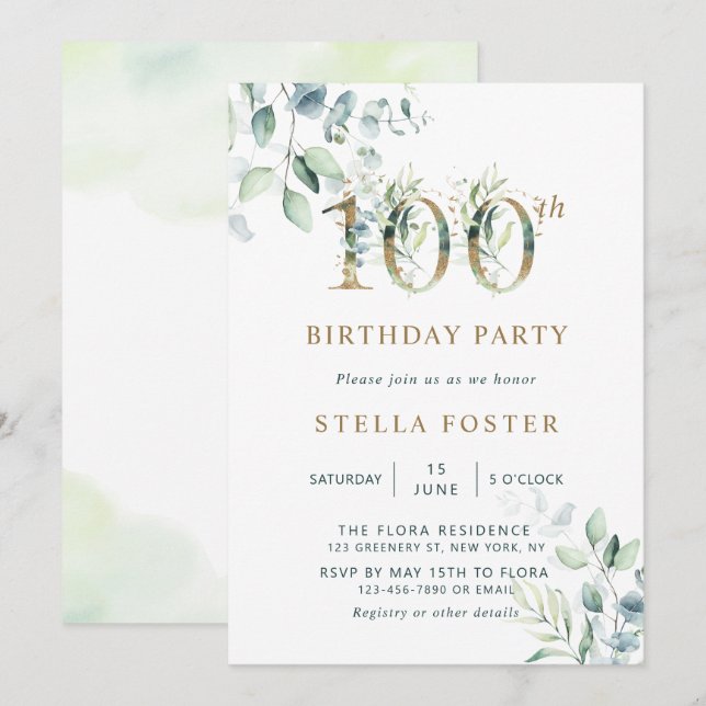 Gold Eucalyptus Botanical 100th Birthday Party Invitation (Front/Back)