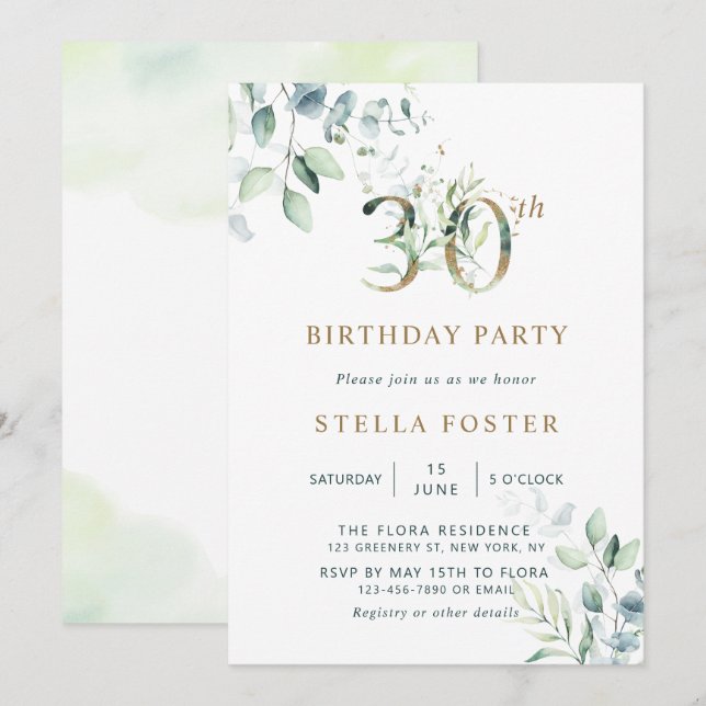 Gold Eucalyptus Botanical 30th Birthday Party Invitation (Front/Back)