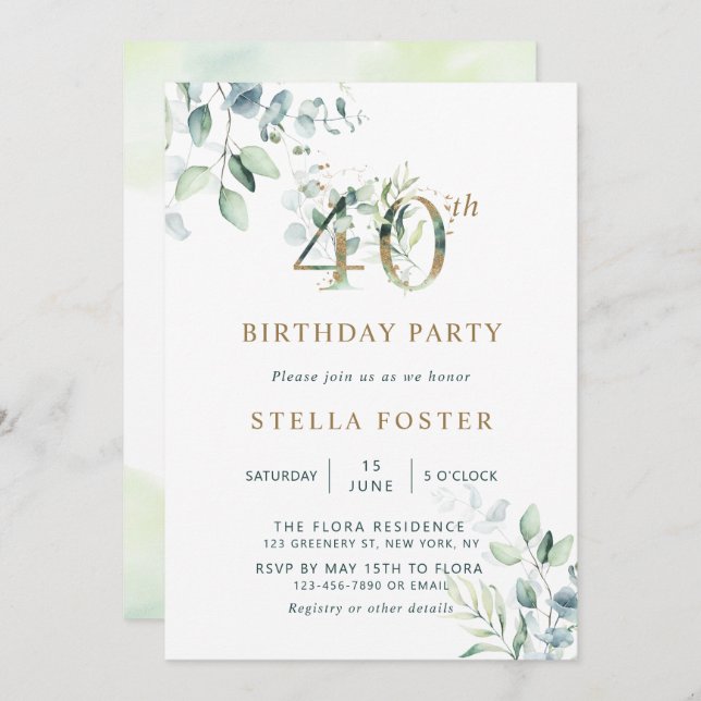 Gold Eucalyptus Botanical 40th Birthday Party Invitation (Front/Back)