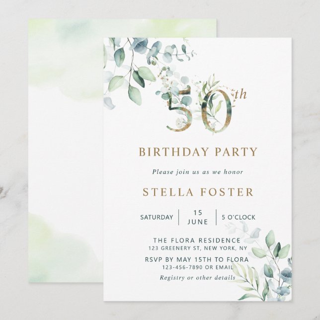Gold Eucalyptus Botanical 50th Birthday Party Invitation (Front/Back)