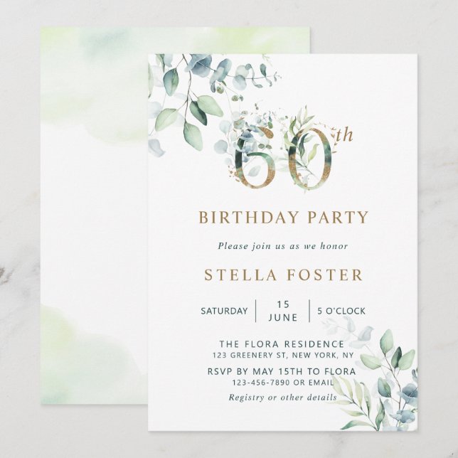 Gold Eucalyptus Botanical 60th Birthday Party Invitation (Front/Back)