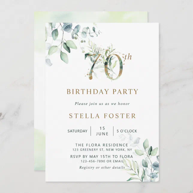 Gold Eucalyptus Botanical 70th Birthday Party Invi Invitation | Zazzle