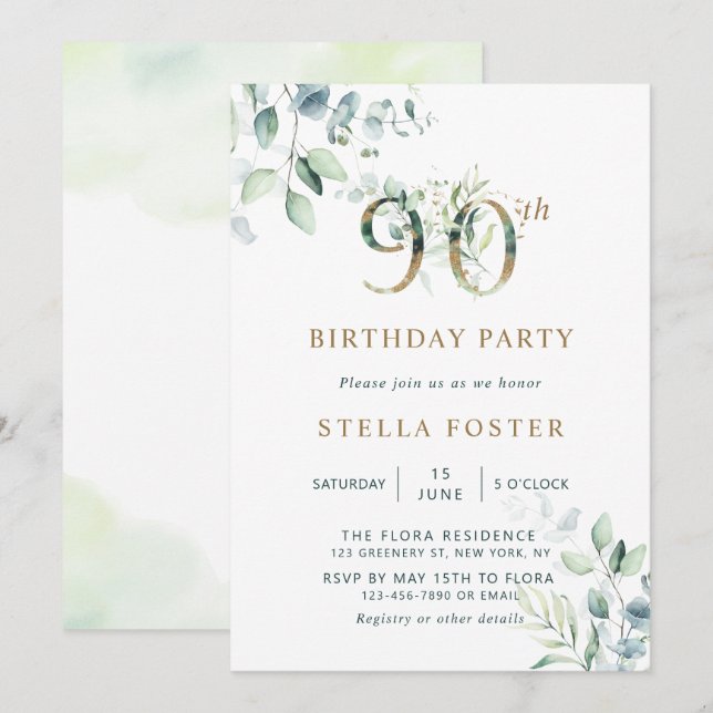 Gold Eucalyptus Botanical 90th Birthday Party Invitation (Front/Back)