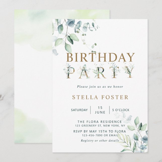 Gold Eucalyptus Botanical Letter Birthday Party Invitation (Front/Back)