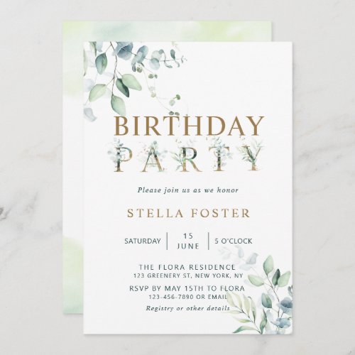 Gold Eucalyptus Botanical Letter Birthday Party Invitation