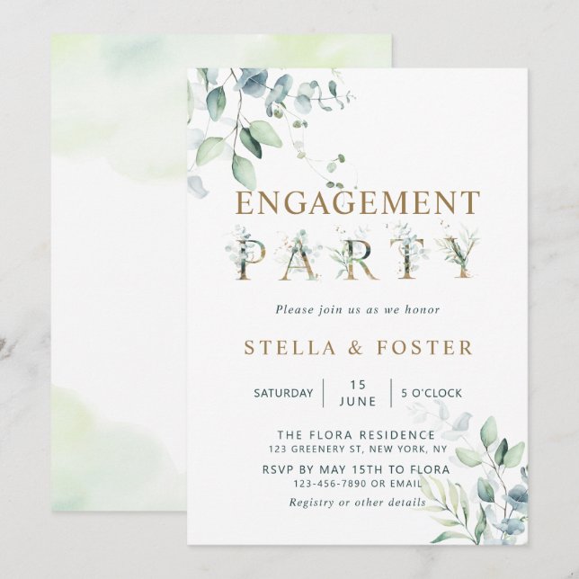Gold Eucalyptus Botanical Letter Engagement Party Invitation (Front/Back)