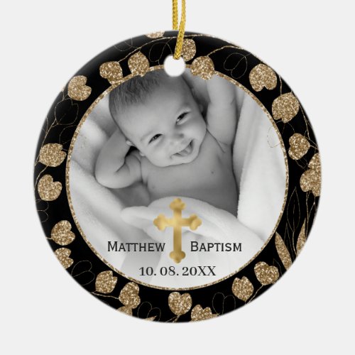 Gold Eucalyptus Branch Leaves Baby Baptism Photo Ceramic Ornament